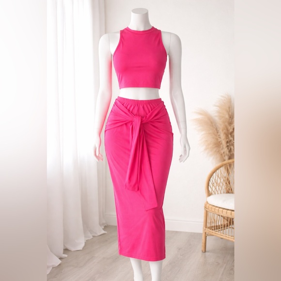 no brand Dresses & Skirts - Hot Pink Two Piece Set Crop Top + Tie Front Midi Skirt Stretch Polyester XS